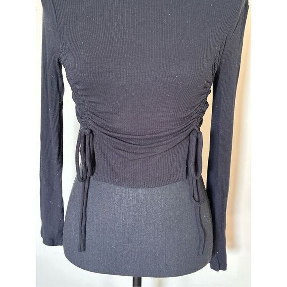 Fashion Nova Black Ribbed Crew Neck Ruched top with Drawstrings Long Sleeve High - Picture 4 of 6